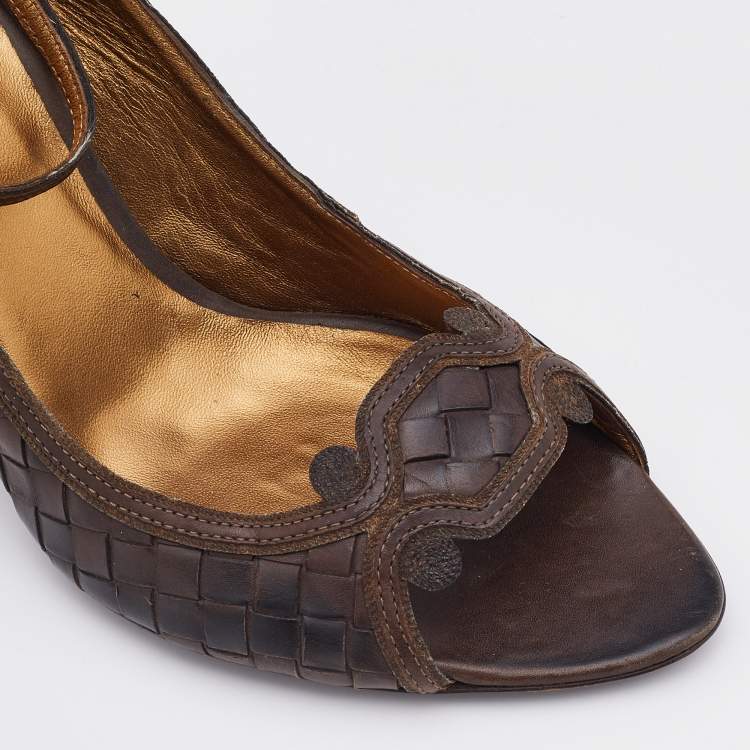 Pre Owned Bottega Veneta Dark Brown Intrecciato Leather Ankle Strap Pumps Size 38.5
