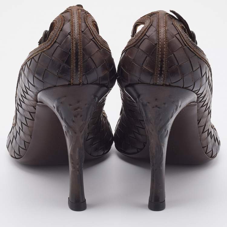 Pre Owned Bottega Veneta Dark Brown Intrecciato Leather Ankle Strap Pumps Size 38.5