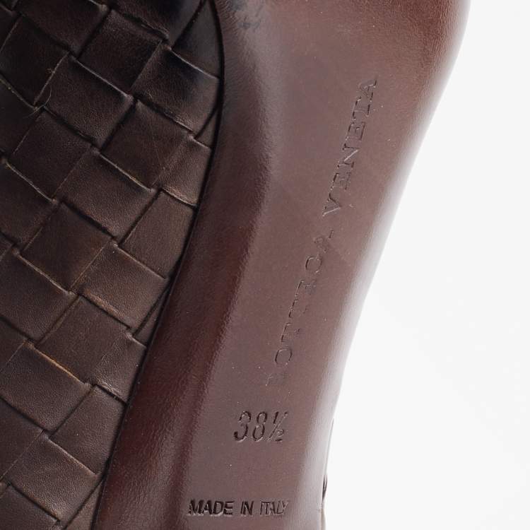 Pre Owned Bottega Veneta Dark Brown Intrecciato Leather Ankle Strap Pumps Size 38.5