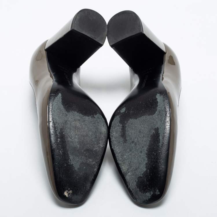Pre Owned Bottega Veneta Olive Green Patent Leather Intrecciato Detail Block Heel Pumps Size 38.5