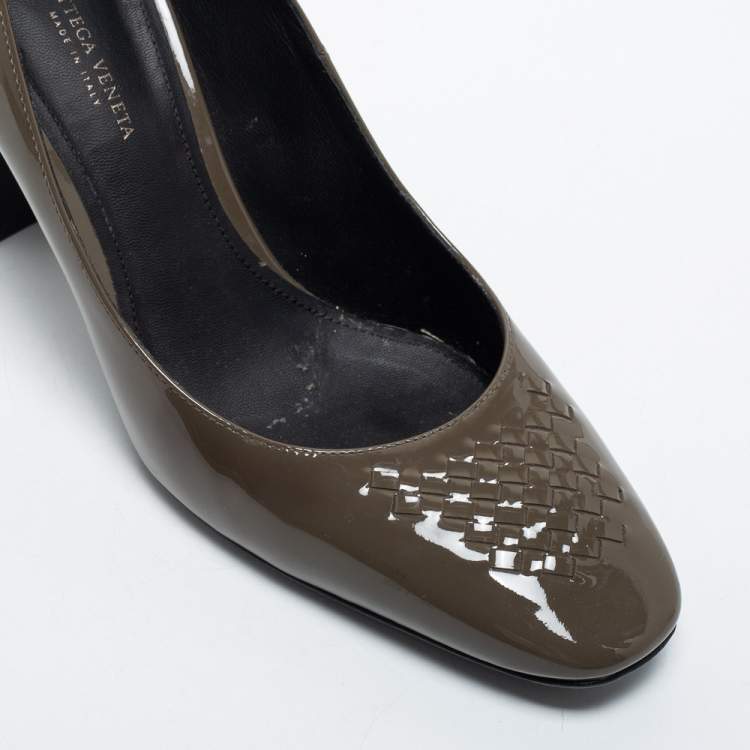 Pre Owned Bottega Veneta Olive Green Patent Leather Intrecciato Detail Block Heel Pumps Size 38.5
