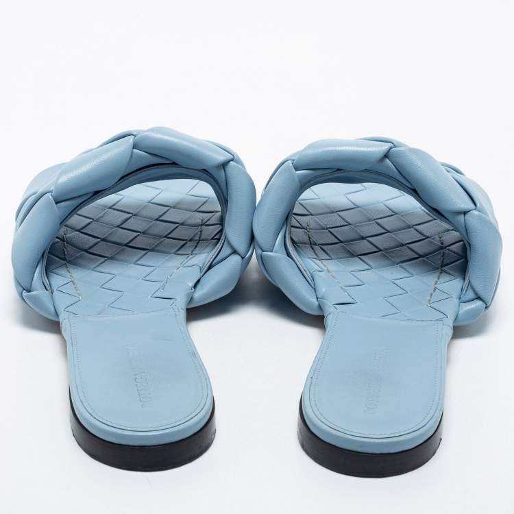 Pre Owned Bottega Veneta Blue Intrecciato Leather Lido Slide Sandals Size 39.5