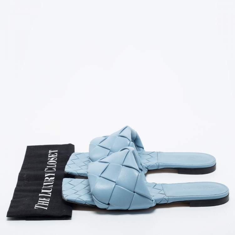 Pre Owned Bottega Veneta Blue Intrecciato Leather Lido Slide Sandals Size 39.5