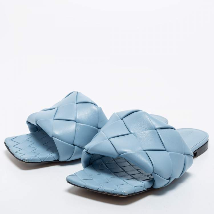 Pre Owned Bottega Veneta Blue Intrecciato Leather Lido Slide Sandals Size 39.5