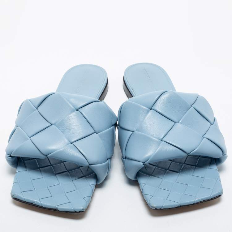 Pre Owned Bottega Veneta Blue Intrecciato Leather Lido Slide Sandals Size 39.5