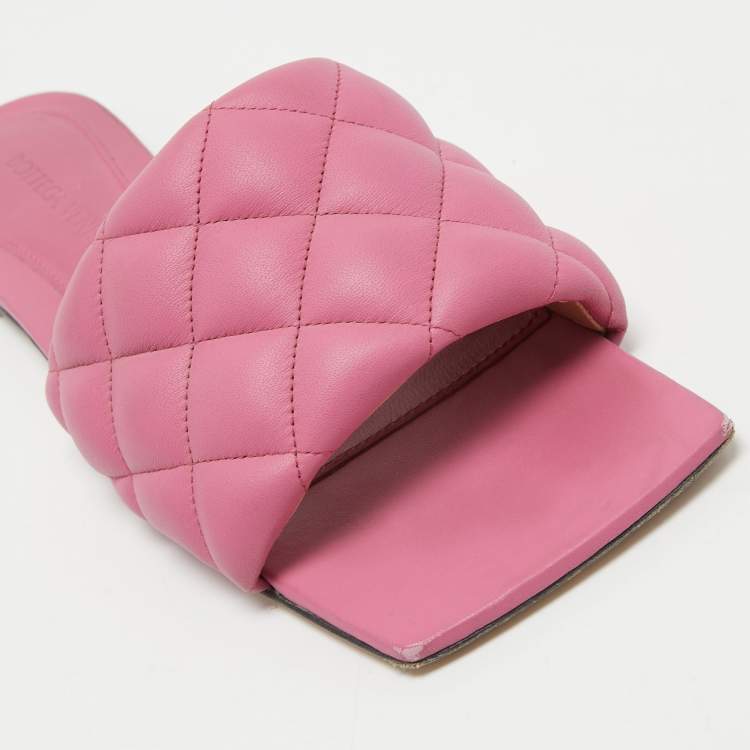 Pre Owned Bottega Veneta Pink Quitled Leather Padded Flat Slides Size 37