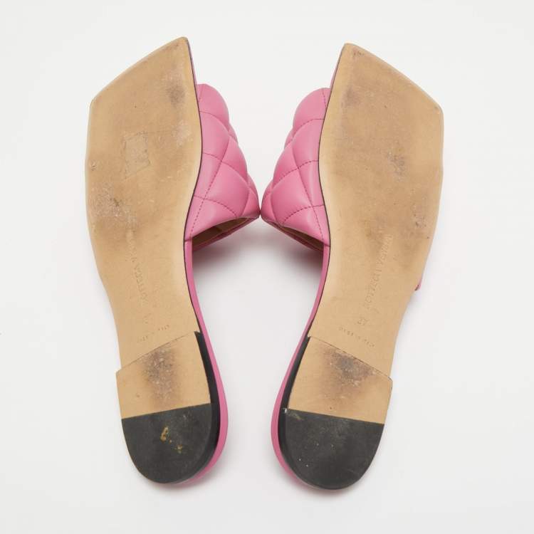Pre Owned Bottega Veneta Pink Quitled Leather Padded Flat Slides Size 37