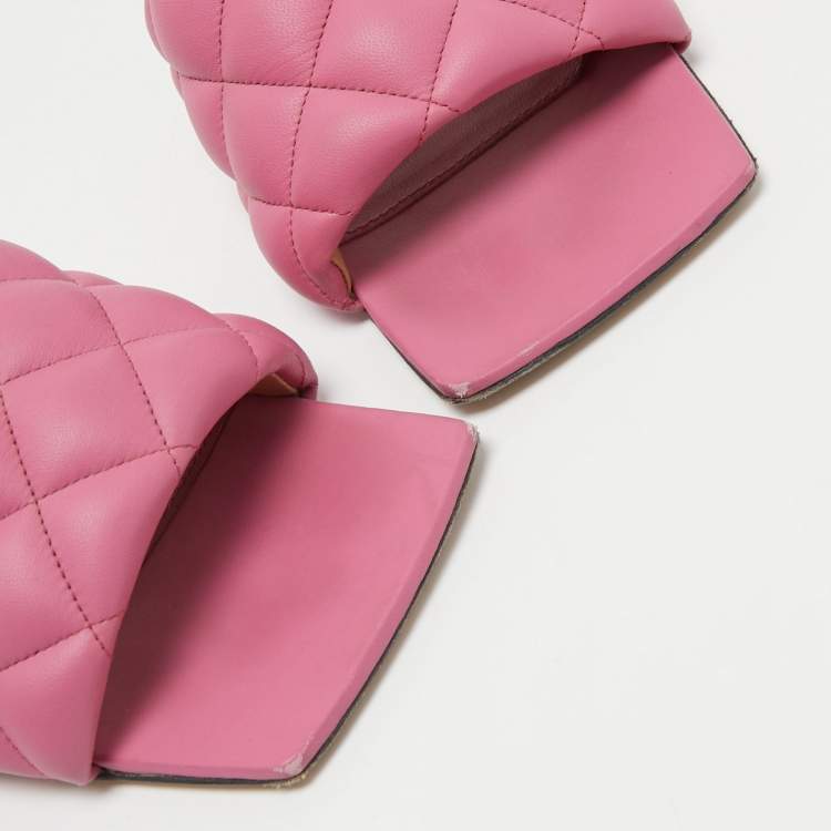 Pre Owned Bottega Veneta Pink Quitled Leather Padded Flat Slides Size 37