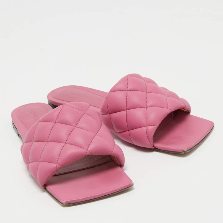 Pre Owned Bottega Veneta Pink Quitled Leather Padded Flat Slides Size 37