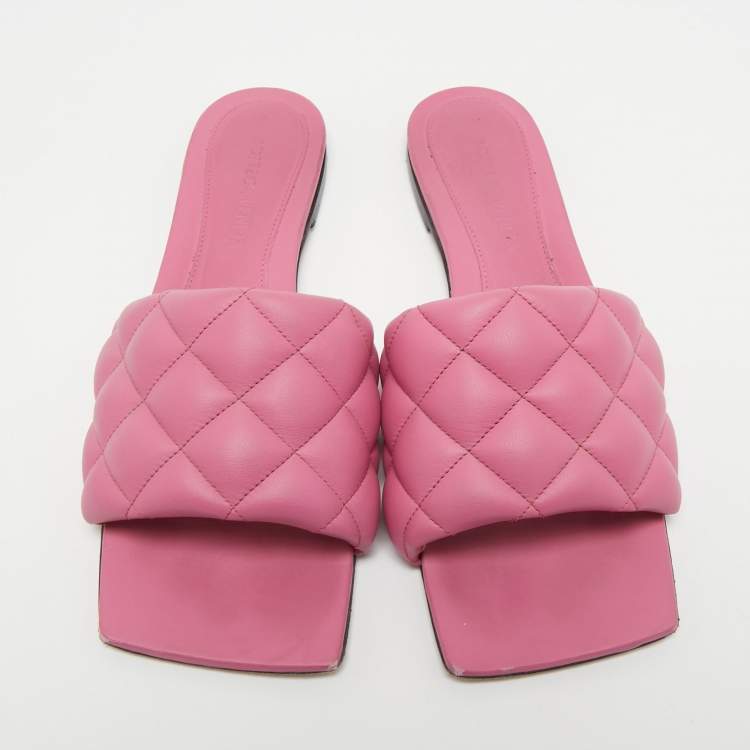 Pre Owned Bottega Veneta Pink Quitled Leather Padded Flat Slides Size 37
