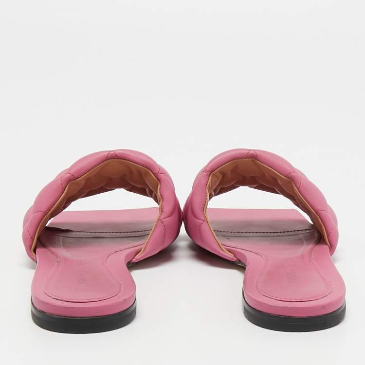 Pre Owned Bottega Veneta Pink Quitled Leather Padded Flat Slides Size 37