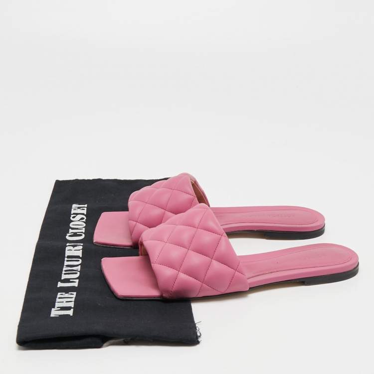 Pre Owned Bottega Veneta Pink Quitled Leather Padded Flat Slides Size 37