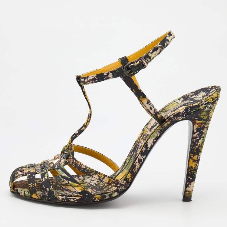Pre Owned Bottega Veneta Multicolor Printed Fabric Embellished Ankle Strap Sandals Size 39