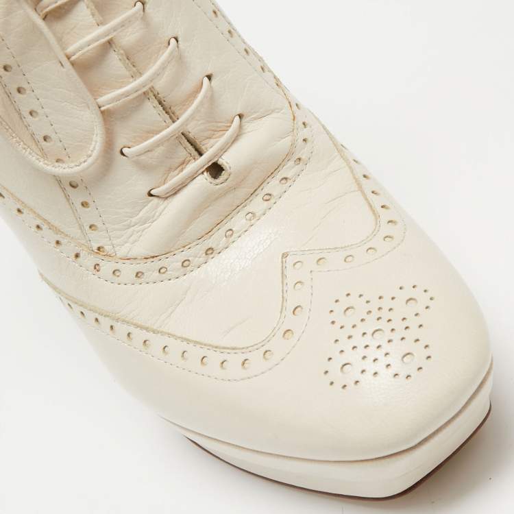 Pre Owned Bottega Veneta Cream Brogue Leather Platform Oxford Booties Size 40