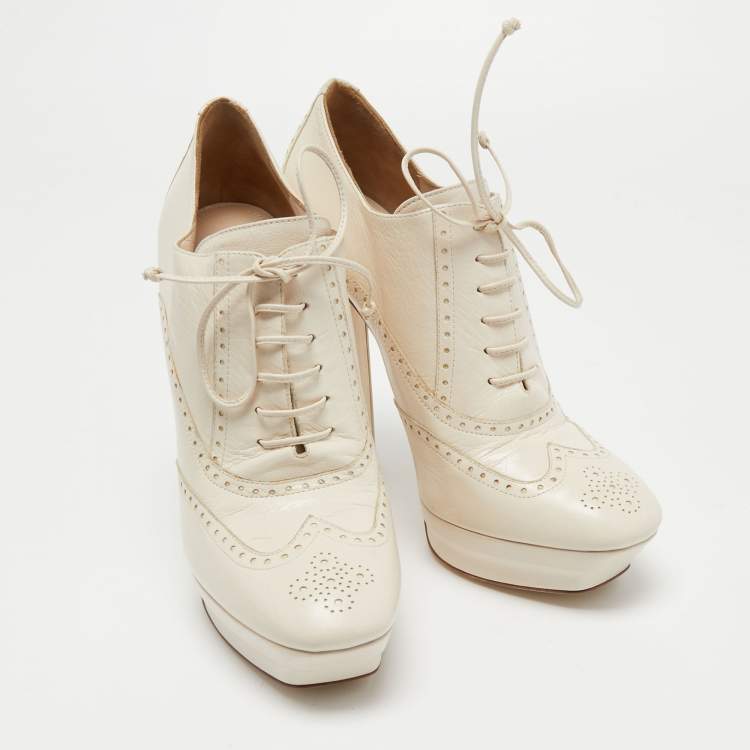 Pre Owned Bottega Veneta Cream Brogue Leather Platform Oxford Booties Size 40