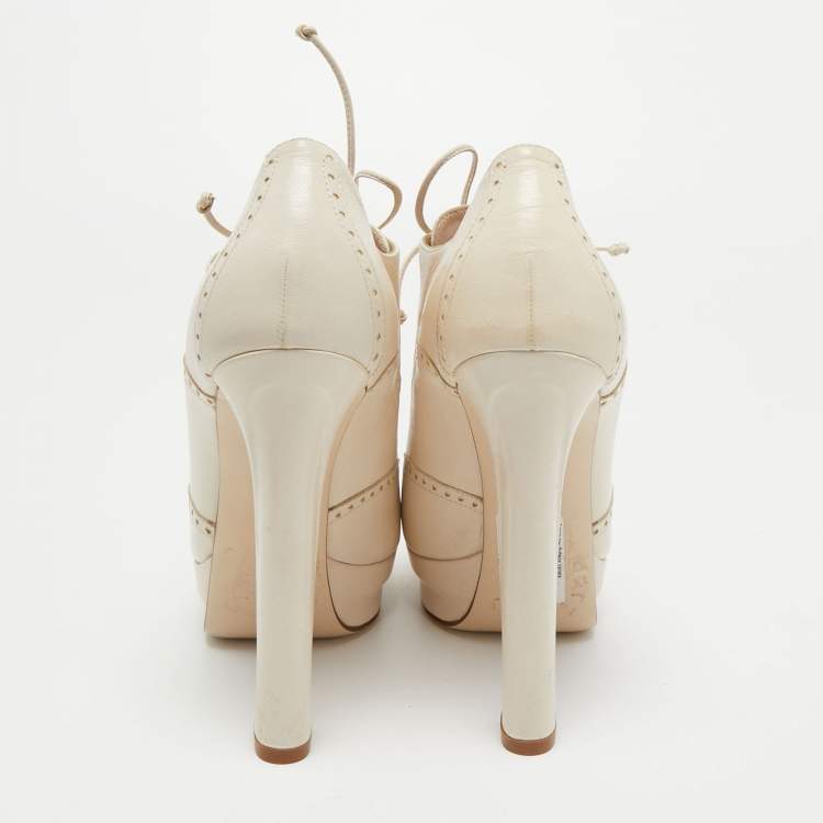 Pre Owned Bottega Veneta Cream Brogue Leather Platform Oxford Booties Size 40