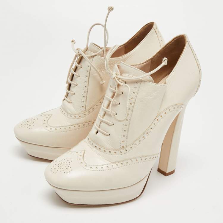 Pre Owned Bottega Veneta Cream Brogue Leather Platform Oxford Booties Size 40