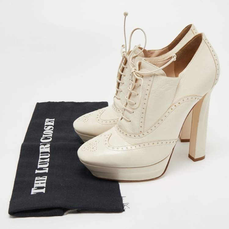 Pre Owned Bottega Veneta Cream Brogue Leather Platform Oxford Booties Size 40