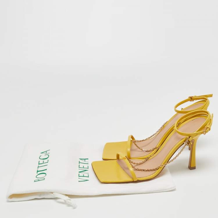 Pre Owned Bottega Veneta Yellow  Leather Stretch Chain Embellished Ankle Strap Sandals Size 38.5