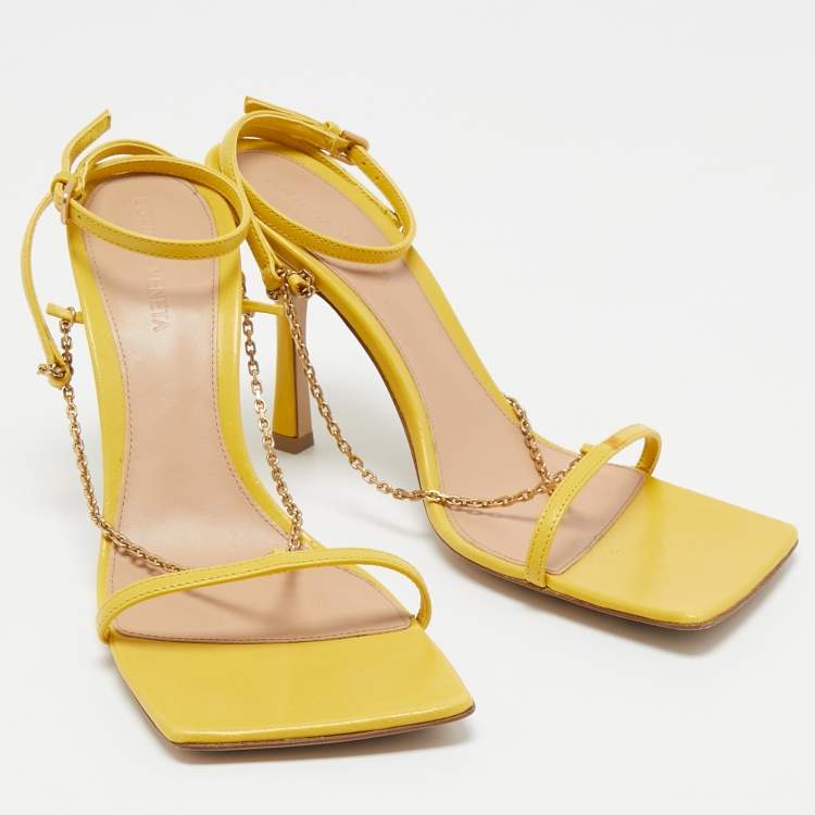 Pre Owned Bottega Veneta Yellow  Leather Stretch Chain Embellished Ankle Strap Sandals Size 38.5