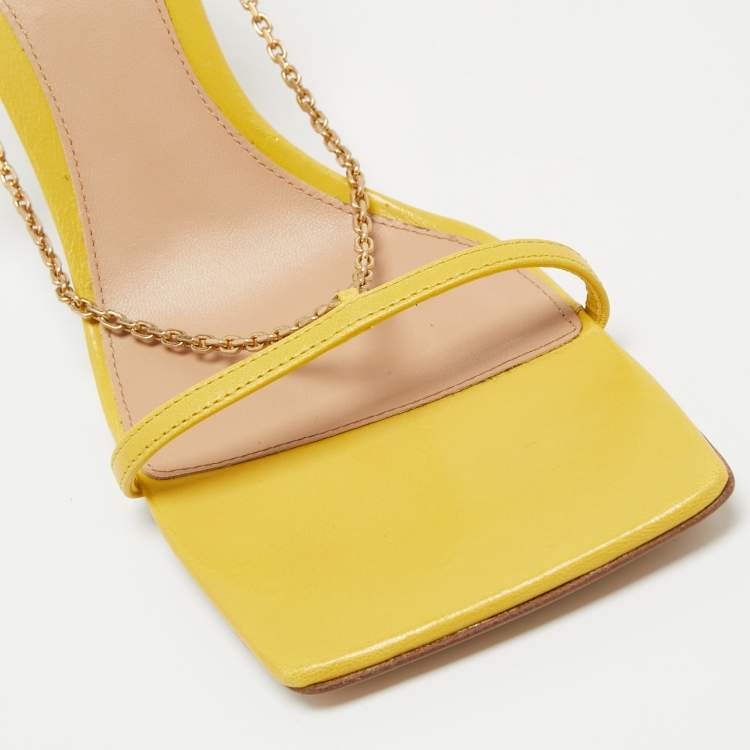 Pre Owned Bottega Veneta Yellow  Leather Stretch Chain Embellished Ankle Strap Sandals Size 38.5
