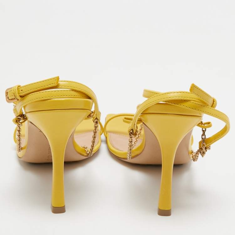 Pre Owned Bottega Veneta Yellow  Leather Stretch Chain Embellished Ankle Strap Sandals Size 38.5