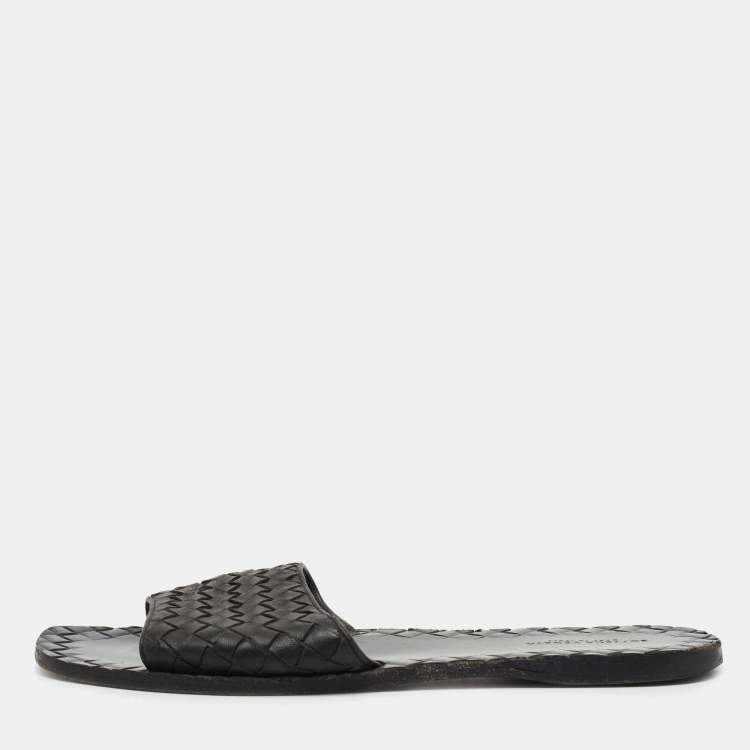 Pre Owned Bottega Veneta Black Intrecciato Leather Flat Slides Size 38 