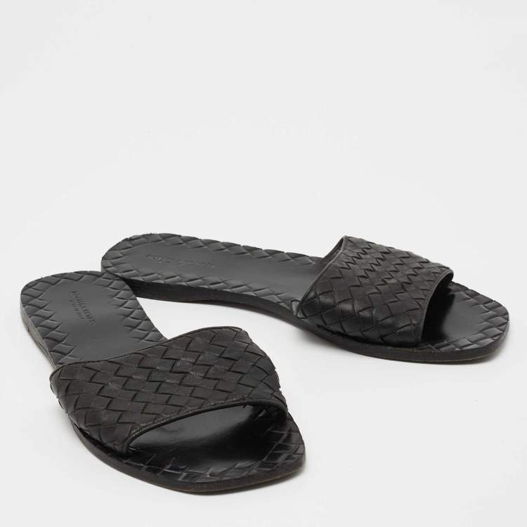 Pre Owned Bottega Veneta Black Intrecciato Leather Flat Slides Size 38 