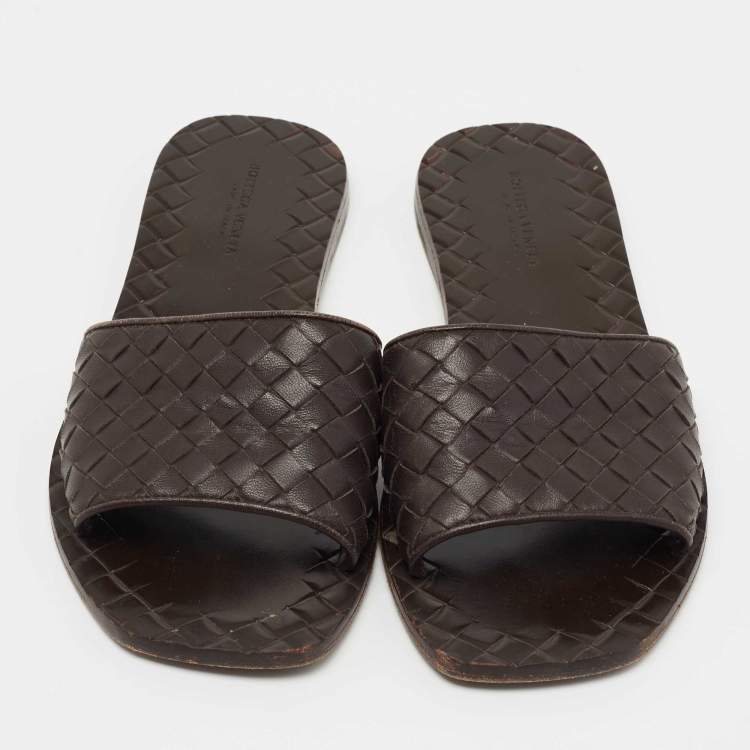 Pre Owned Bottega Veneta Dark Brown Intrecciato Leather Ravello Sandals Size 36