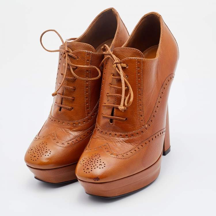 Pre Owned Bottega Veneta Brown Brogue Leather Platform Lace Up Booties Size 38