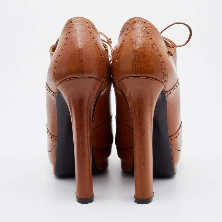 Pre Owned Bottega Veneta Brown Brogue Leather Platform Lace Up Booties Size 38