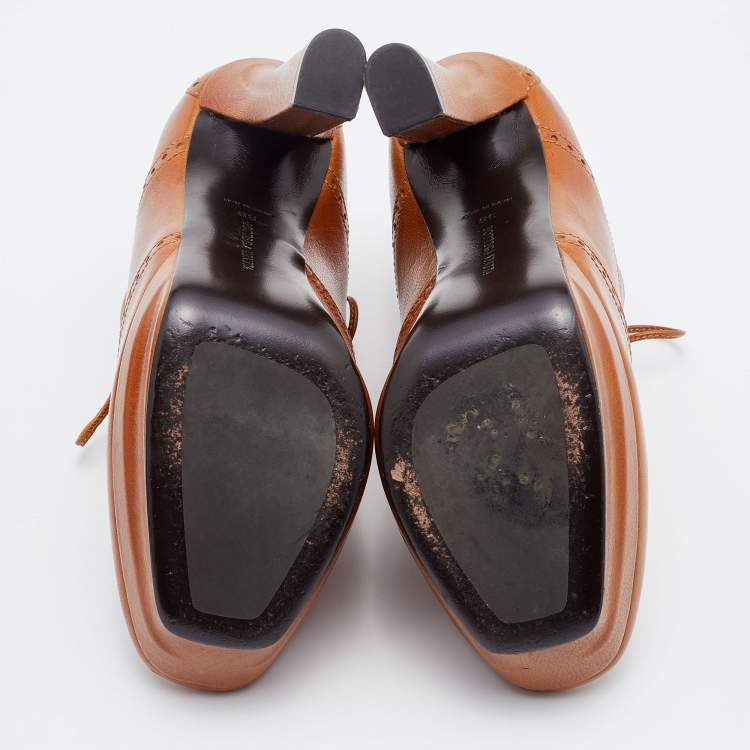 Pre Owned Bottega Veneta Brown Brogue Leather Platform Lace Up Booties Size 38