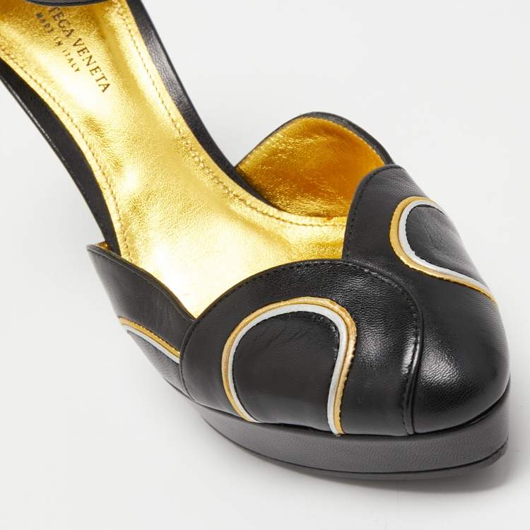 Pre Owned Bottega Veneta Black Leather Platform Ankle Strap Pumps Size 36.5