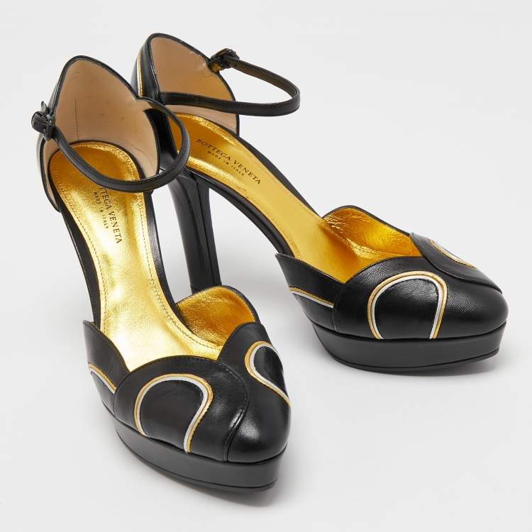 Pre Owned Bottega Veneta Black Leather Platform Ankle Strap Pumps Size 36.5