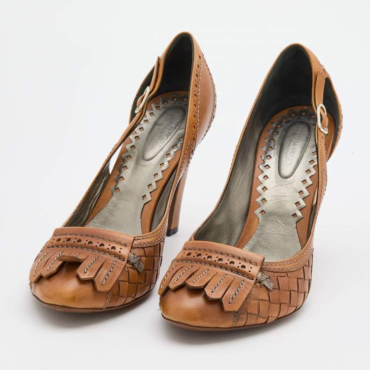 Pre Owned Bottega Veneta Brown Leather Fringe Detail Pumps Size 38