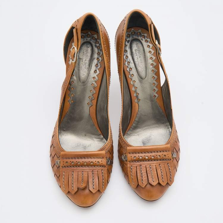 Pre Owned Bottega Veneta Brown Leather Fringe Detail Pumps Size 38