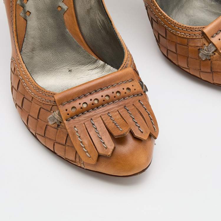 Pre Owned Bottega Veneta Brown Leather Fringe Detail Pumps Size 38
