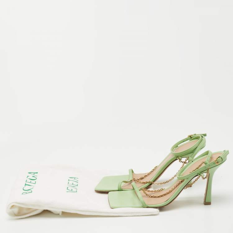 Pre Owned Bottega Veneta Green Leather Chain Ankle Strap Sandals Size 36