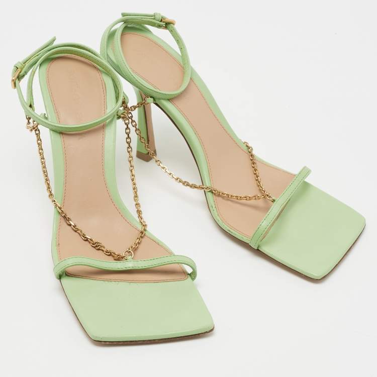 Pre Owned Bottega Veneta Green Leather Chain Ankle Strap Sandals Size 36