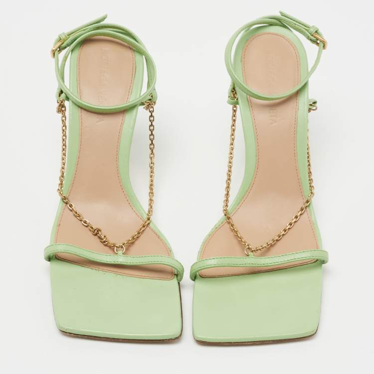 Pre Owned Bottega Veneta Green Leather Chain Ankle Strap Sandals Size 36