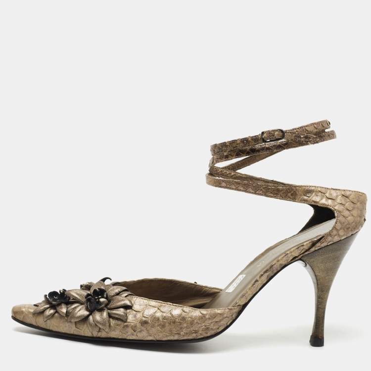 Pre Owned Bottega Veneta Metallic Python Floral Applique Ankle Tie Pumps Size 38.5
