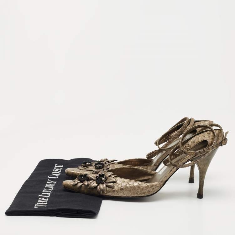 Pre Owned Bottega Veneta Metallic Python Floral Applique Ankle Tie Pumps Size 38.5