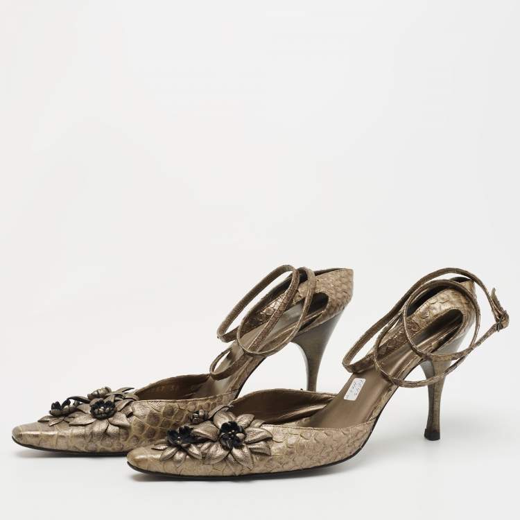 Pre Owned Bottega Veneta Metallic Python Floral Applique Ankle Tie Pumps Size 38.5