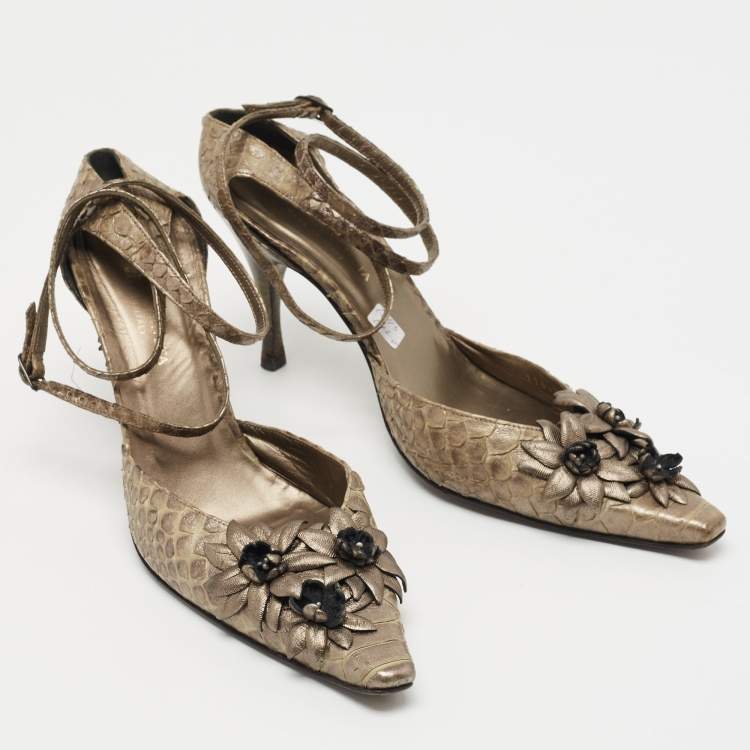 Pre Owned Bottega Veneta Metallic Python Floral Applique Ankle Tie Pumps Size 38.5