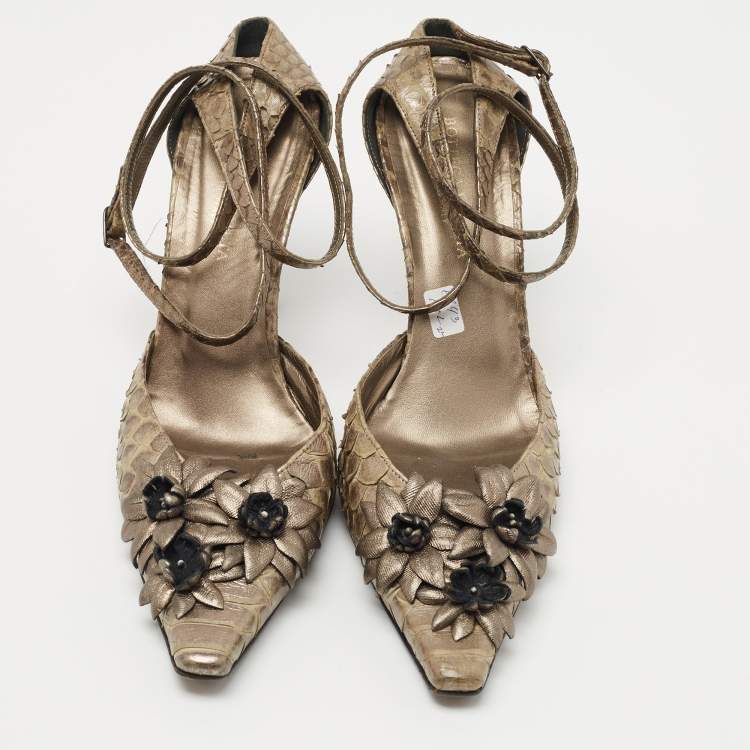 Pre Owned Bottega Veneta Metallic Python Floral Applique Ankle Tie Pumps Size 38.5