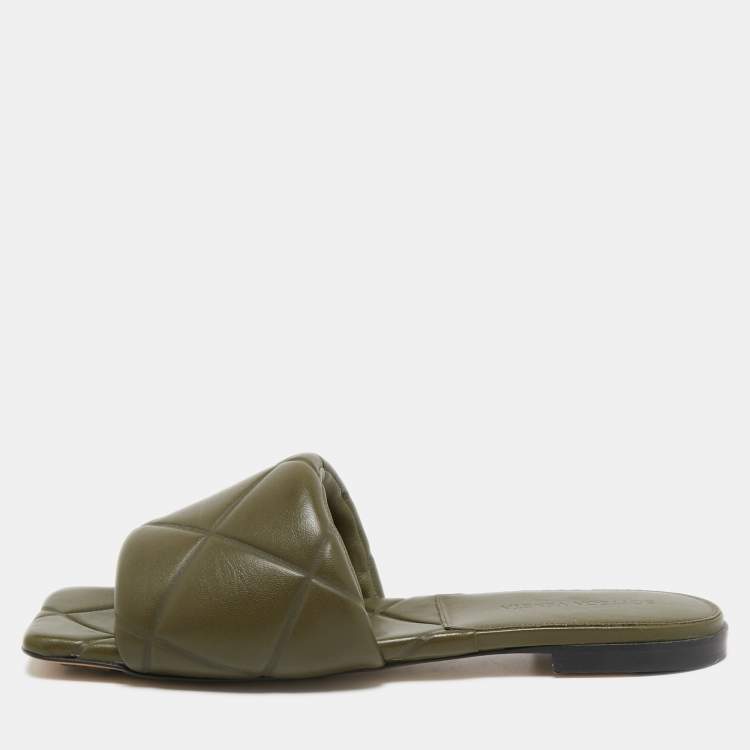 Pre Owned Bottega Veneta Olive Green Quilted Leather Lido Flat Slides Size 39