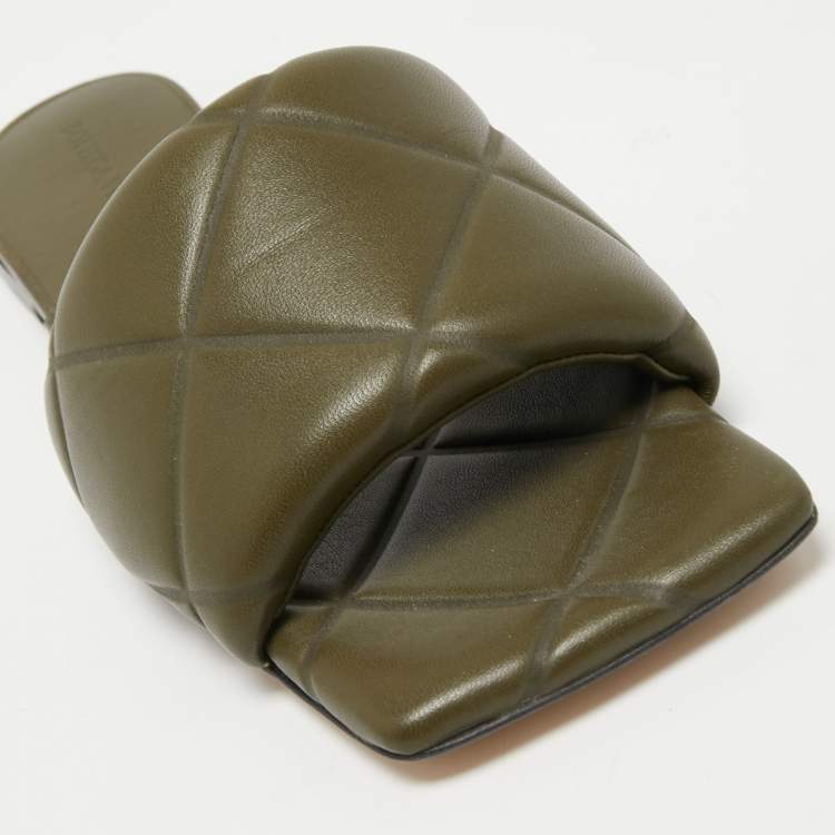 Pre Owned Bottega Veneta Olive Green Quilted Leather Lido Flat Slides Size 39