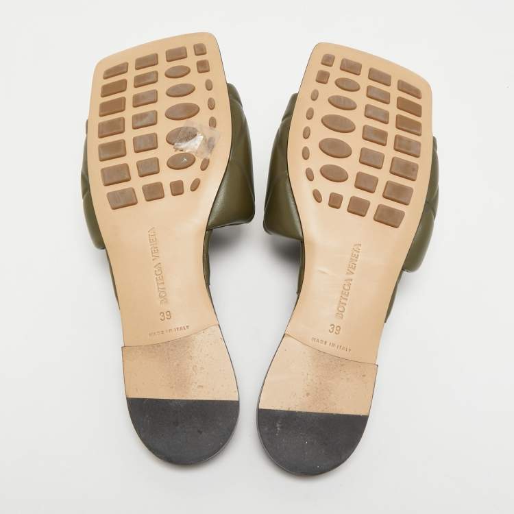Pre Owned Bottega Veneta Olive Green Quilted Leather Lido Flat Slides Size 39