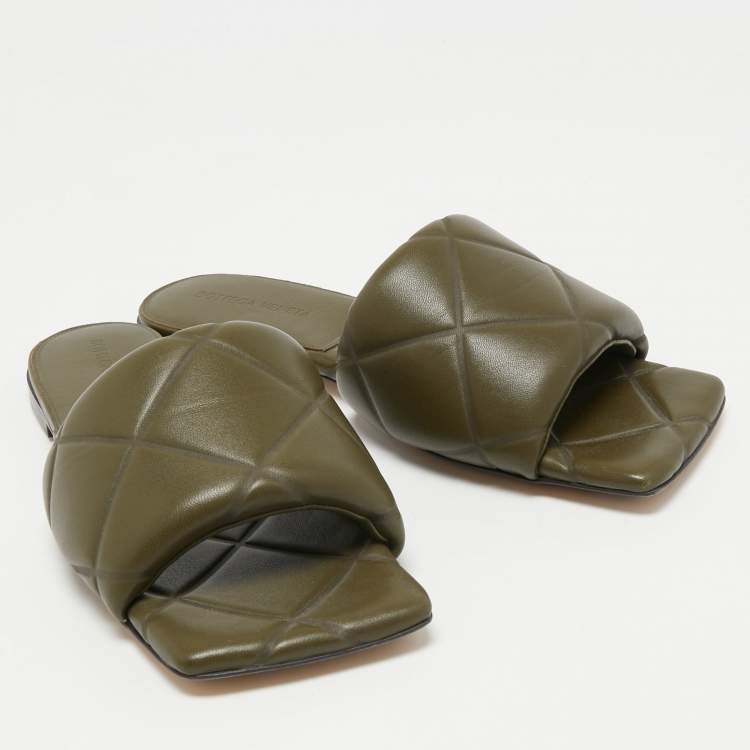 Pre Owned Bottega Veneta Olive Green Quilted Leather Lido Flat Slides Size 39