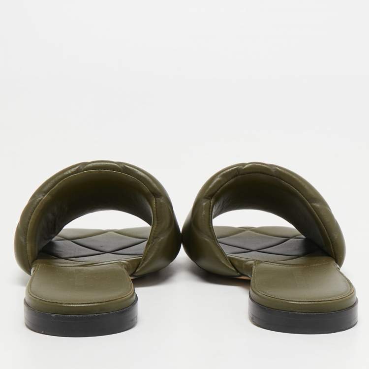 Pre Owned Bottega Veneta Olive Green Quilted Leather Lido Flat Slides Size 39